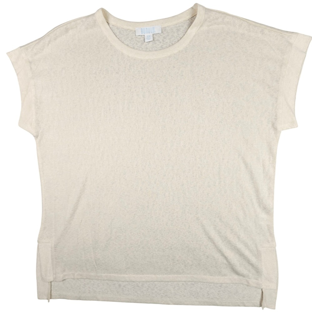 Bunulu Womens 1X Cream Knit Short Sleeve Crew Neck Relaxed Top Semi Sheer‎ Layer